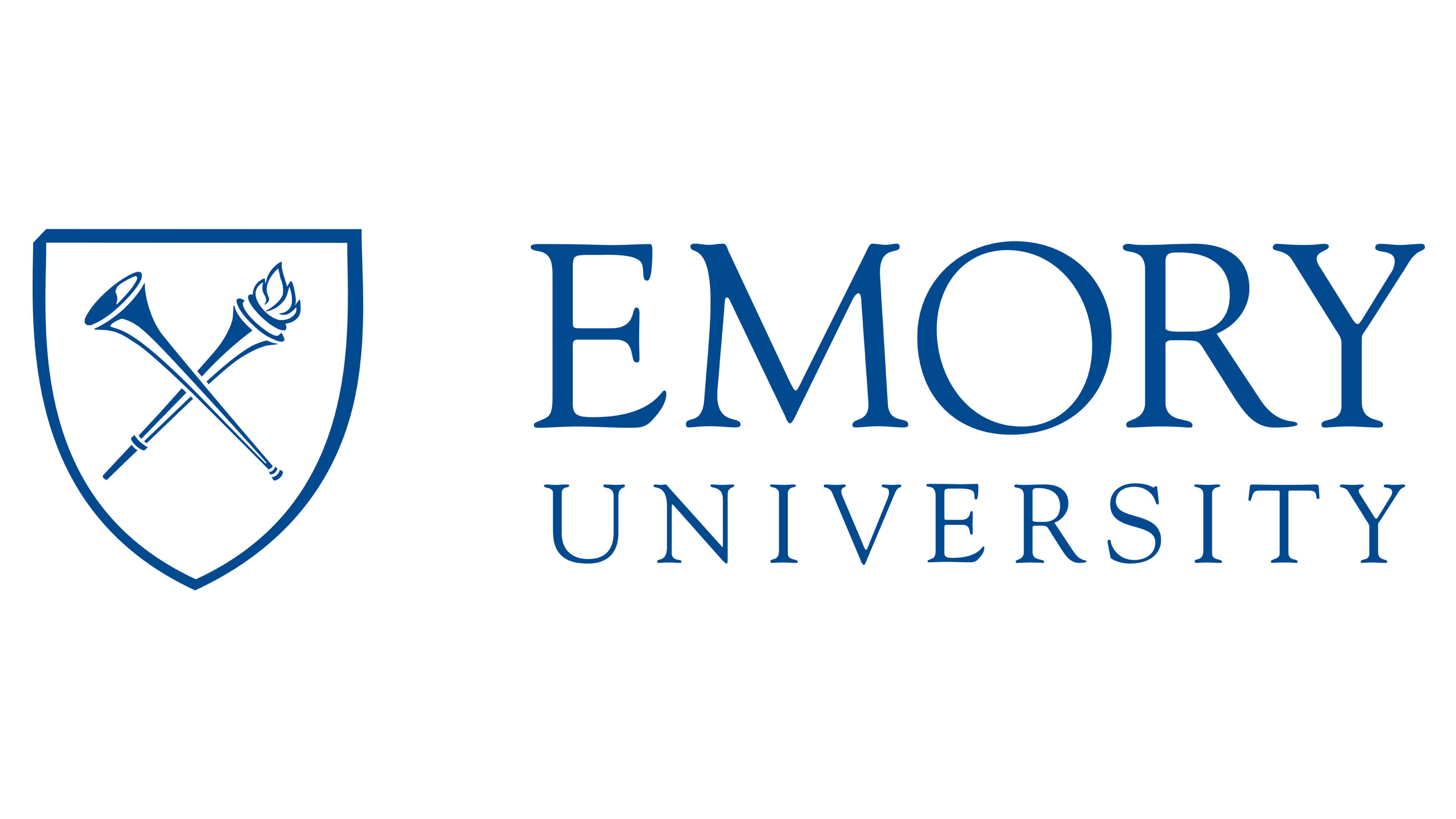Emory University logo featuring two crossed trumpets and a torch inside a shield, with the words "Emory University" to the right.